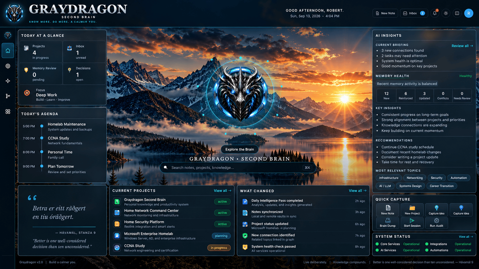 Graydragon Second Brain dashboard: today-at-a-glance stats, today's agenda, AI insights and memory health, current projects, and recent activity.